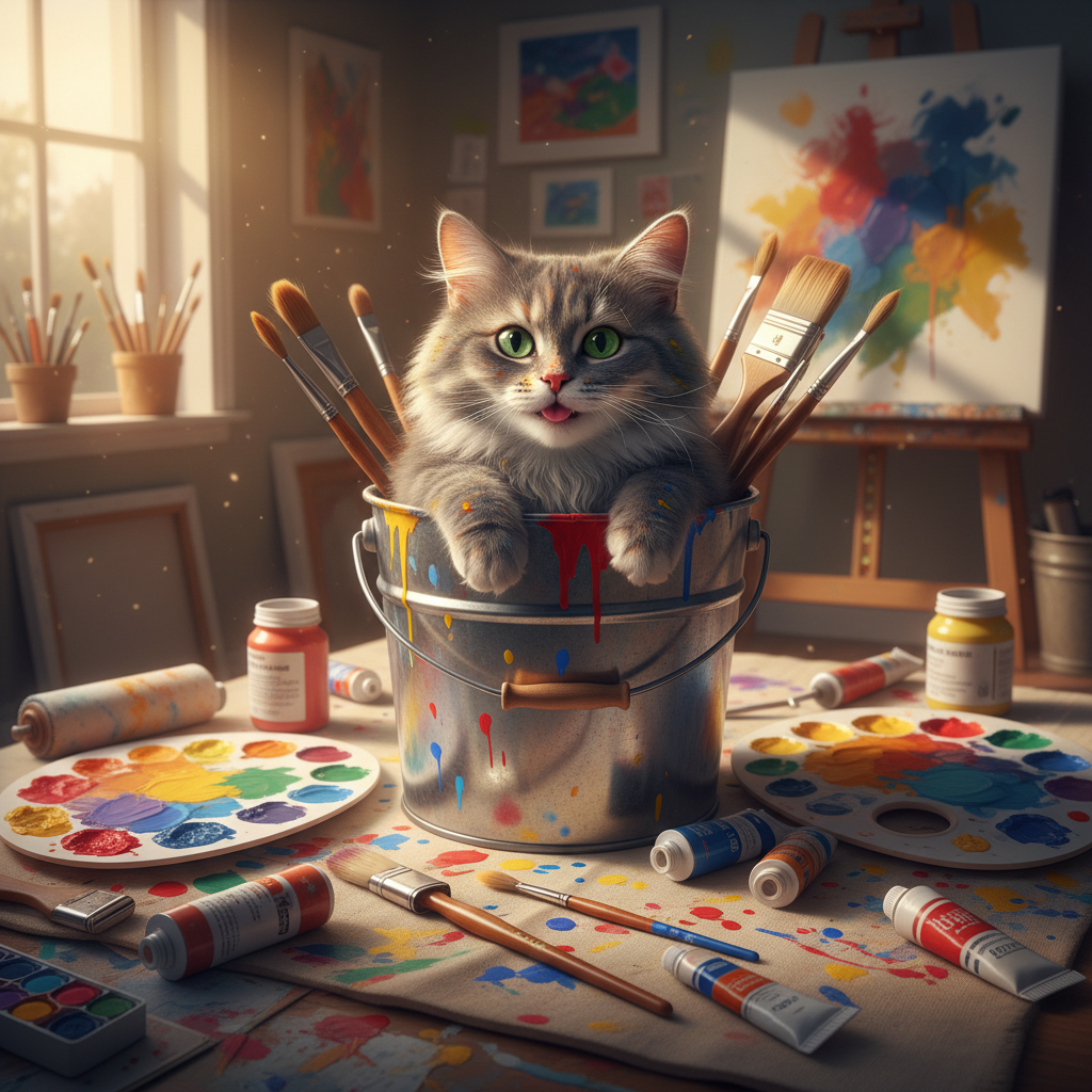 Kissa maaliämpärillä